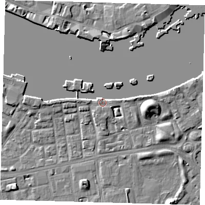 Shaded relief map of the ground around SE164TZ, computed from Environment Agency LiDAR. The ground here sits at about 4 m above sea level and falls 7 m across the surrounding 800 m. Surface water reaching this point runs off ground lying to the east, 3.3 m higher.