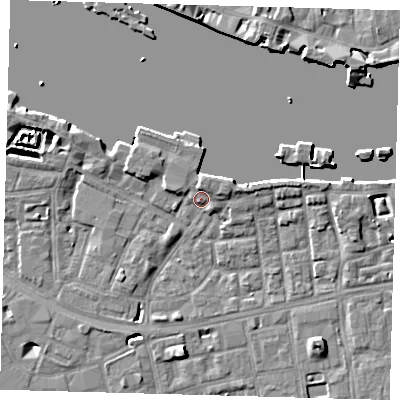 Shaded relief map of the ground around SE164UA, computed from Environment Agency LiDAR. The ground here sits at about 4 m above sea level and falls 7 m across the surrounding 800 m. Surface water reaching this point runs off ground lying to the east-north-east, 3.0 m higher.