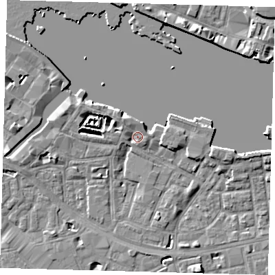 Shaded relief map of the ground around SE164UB, computed from Environment Agency LiDAR. The ground here sits at about 4 m above sea level and falls 8 m across the surrounding 800 m. Surface water reaching this point runs off ground lying to the north-west, 2.7 m higher.