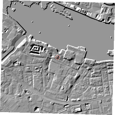 Shaded relief map of the ground around SE164UD, computed from Environment Agency LiDAR. The ground here sits at about 4 m above sea level and falls 8 m across the surrounding 800 m. Surface water reaching this point runs off ground lying to the north-west, 2.7 m higher.