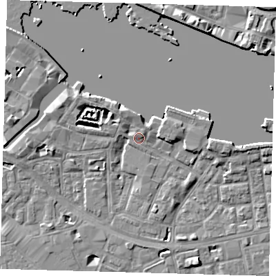 Shaded relief map of the ground around SE164UE, computed from Environment Agency LiDAR. The ground here sits at about 4 m above sea level and falls 8 m across the surrounding 800 m. Surface water reaching this point runs off ground lying to the north-west, 2.7 m higher.