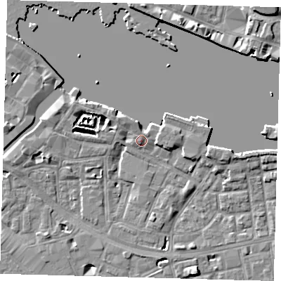 Shaded relief map of the ground around SE164UF, computed from Environment Agency LiDAR. The ground here sits at about 4 m above sea level and falls 8 m across the surrounding 800 m. Surface water reaching this point runs off ground lying to the north-north-west, 1.4 m higher.