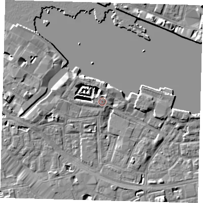 Shaded relief map of the ground around SE164UH, computed from Environment Agency LiDAR. The ground here sits at about 4 m above sea level and falls 8 m across the surrounding 800 m. Surface water reaching this point runs off ground lying to the west, 1.0 m higher.