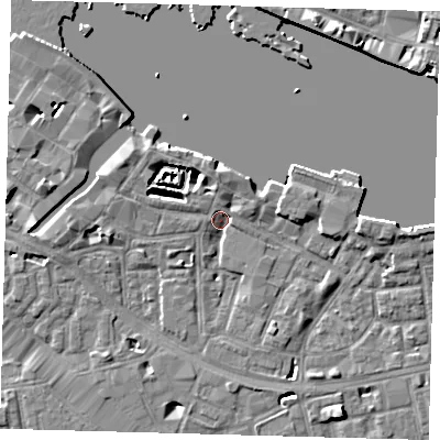 Shaded relief map of the ground around SE164UJ, computed from Environment Agency LiDAR. The ground here sits at about 3 m above sea level and falls 8 m across the surrounding 800 m. Surface water reaching this point runs off ground lying to the north, 4.2 m higher.