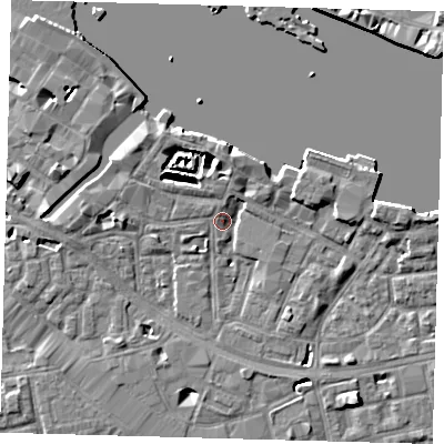 Shaded relief map of the ground around SE164UL, computed from Environment Agency LiDAR. The ground here sits at about 3 m above sea level and falls 7 m across the surrounding 800 m. Surface water reaching this point runs off ground lying to the north, 4.2 m higher.