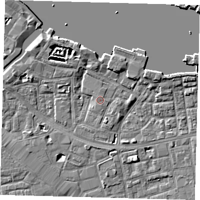 Shaded relief map of the ground around SE164UN, computed from Environment Agency LiDAR. The ground here sits at about 3 m above sea level and falls 6 m across the surrounding 800 m. Surface water reaching this point runs off ground lying to the north-north-west, 4.3 m higher.