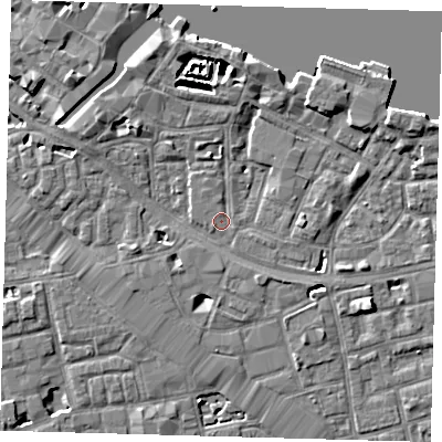 Shaded relief map of the ground around SE164UP, computed from Environment Agency LiDAR. The ground here sits at about 3 m above sea level and falls 7 m across the surrounding 800 m. Surface water reaching this point runs off ground lying to the south-west, 0.8 m higher.