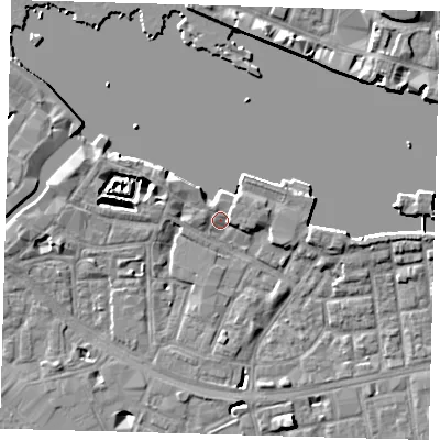 Shaded relief map of the ground around SE164UQ, computed from Environment Agency LiDAR. The ground here sits at about 4 m above sea level and falls 8 m across the surrounding 800 m. Surface water reaching this point runs off ground lying to the east-north-east, 2.2 m higher.