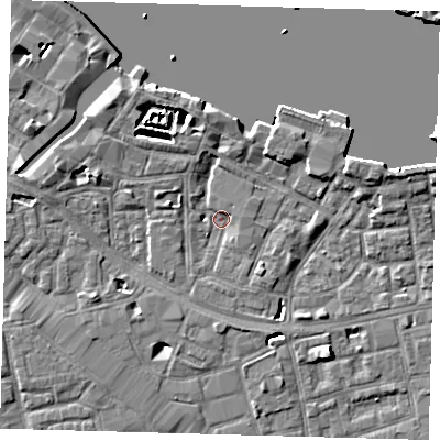 Shaded relief map of the ground around SE164UR, computed from Environment Agency LiDAR. The ground here sits at about 2 m above sea level and falls 6 m across the surrounding 800 m. Surface water reaching this point runs off ground lying to the north, 4.3 m higher.