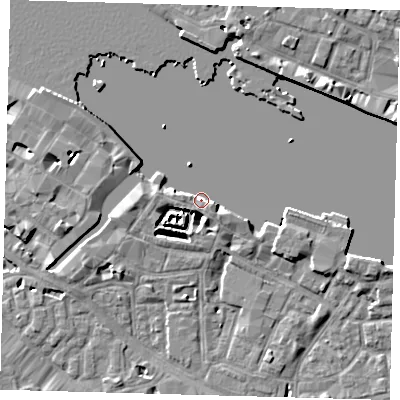 Shaded relief map of the ground around SE164US, computed from Environment Agency LiDAR. The ground here sits at about 4 m above sea level and falls 7 m across the surrounding 800 m. Surface water reaching this point runs off ground lying to the east-south-east, 5.3 m higher.