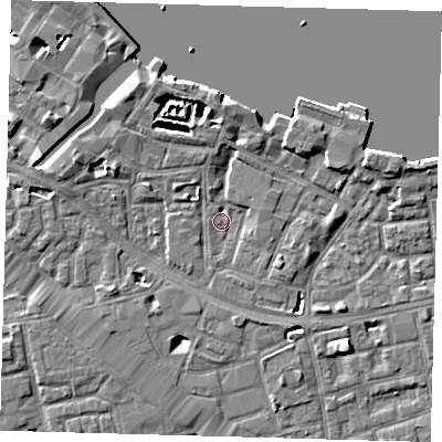 Shaded relief map of the ground around SE164UT, computed from Environment Agency LiDAR. The ground here sits at about 2 m above sea level and falls 7 m across the surrounding 800 m. Surface water reaching this point runs off ground lying to the west, 2.4 m higher.