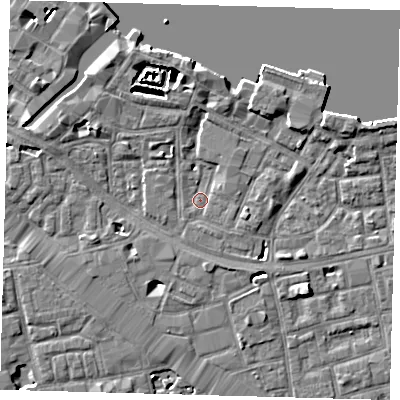 Shaded relief map of the ground around SE164UU, computed from Environment Agency LiDAR. The ground here sits at about 2 m above sea level and falls 6 m across the surrounding 800 m. Surface water reaching this point runs off ground lying to the south-west, 0.9 m higher.