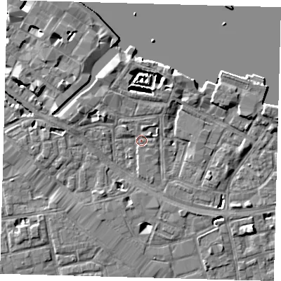 Shaded relief map of the ground around SE164UW, computed from Environment Agency LiDAR. The ground here sits at about 3 m above sea level and falls 7 m across the surrounding 800 m. Surface water reaching this point runs off ground lying to the north-north-east, 4.2 m higher.