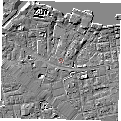 Shaded relief map of the ground around SE164UX, computed from Environment Agency LiDAR. The ground here sits at about 3 m above sea level and falls 6 m across the surrounding 800 m. Surface water reaching this point runs off ground lying to the north, 4.3 m higher.