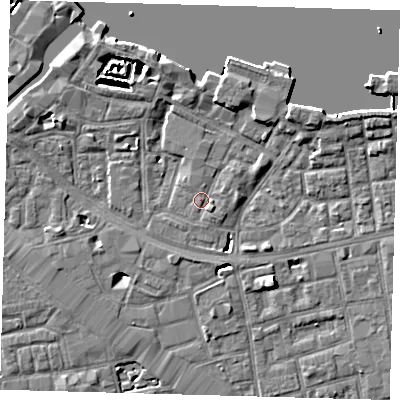 Shaded relief map of the ground around SE164UY, computed from Environment Agency LiDAR. The ground here sits at about 3 m above sea level and falls 6 m across the surrounding 800 m. Surface water reaching this point runs off ground lying to the south-east, 1.4 m higher.