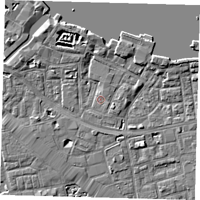 Shaded relief map of the ground around SE164UZ, computed from Environment Agency LiDAR. The ground here sits at about 3 m above sea level and falls 6 m across the surrounding 800 m. Surface water reaching this point runs off ground lying to the north-north-west, 4.3 m higher.