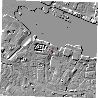 Shaded relief map of the ground around SE164WA, computed from Environment Agency LiDAR. The ground here sits at about 4 m above sea level and falls 8 m across the surrounding 800 m. Surface water reaching this point runs off ground lying to the north-west, 1.9 m higher.