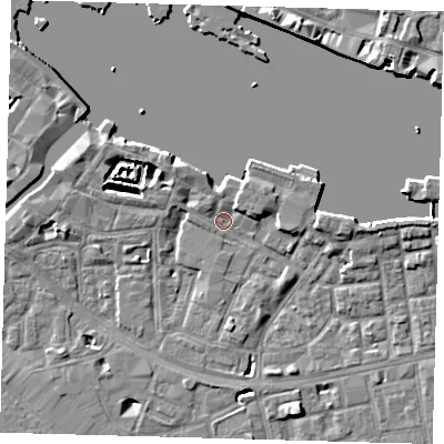 Shaded relief map of the ground around SE164WG, computed from Environment Agency LiDAR. The ground here sits at about 3 m above sea level and falls 8 m across the surrounding 800 m. Surface water reaching this point runs off ground lying to the north-west, 2.7 m higher.