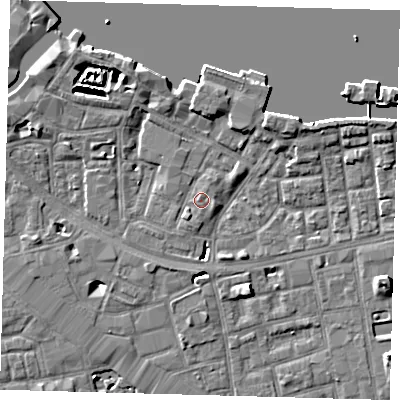 Shaded relief map of the ground around SE164XA, computed from Environment Agency LiDAR. The ground here sits at about 3 m above sea level and falls 7 m across the surrounding 800 m. Surface water reaching this point runs off ground lying to the north, 0.9 m higher.