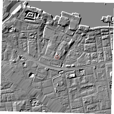 Shaded relief map of the ground around SE164XD, computed from Environment Agency LiDAR. The ground here sits at about 4 m above sea level and falls 7 m across the surrounding 800 m. Surface water reaching this point runs off ground lying to the north, 1.2 m higher.