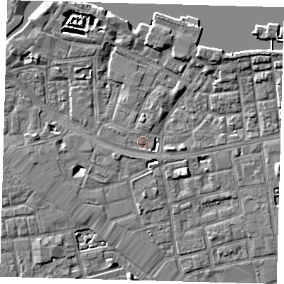 Shaded relief map of the ground around SE164XE, computed from Environment Agency LiDAR. The ground here sits at about 3 m above sea level and falls 7 m across the surrounding 800 m. Surface water reaching this point runs off ground lying to the north-north-west, 4.3 m higher.