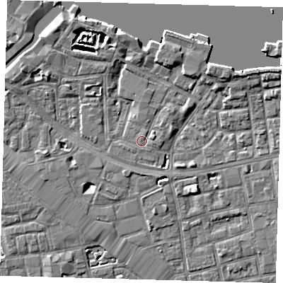 Shaded relief map of the ground around SE164XF, computed from Environment Agency LiDAR. The ground here sits at about 3 m above sea level and falls 6 m across the surrounding 800 m. Surface water reaching this point runs off ground lying to the east-north-east, 1.2 m higher.