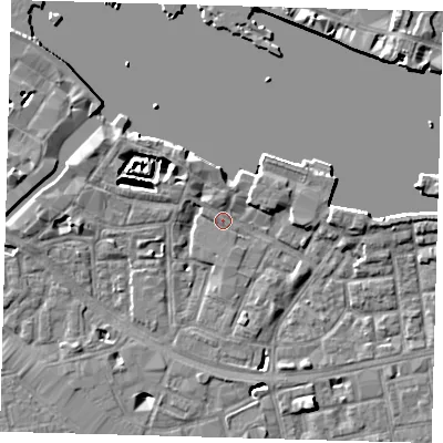 Shaded relief map of the ground around SE164XL, computed from Environment Agency LiDAR. The ground here sits at about 3 m above sea level and falls 8 m across the surrounding 800 m. Surface water reaching this point runs off ground lying to the north-north-west, 4.2 m higher.
