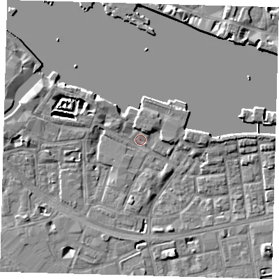 Shaded relief map of the ground around SE164XR, computed from Environment Agency LiDAR. The ground here sits at about 3 m above sea level and falls 8 m across the surrounding 800 m. Surface water reaching this point runs off ground lying to the north-west, 2.7 m higher.