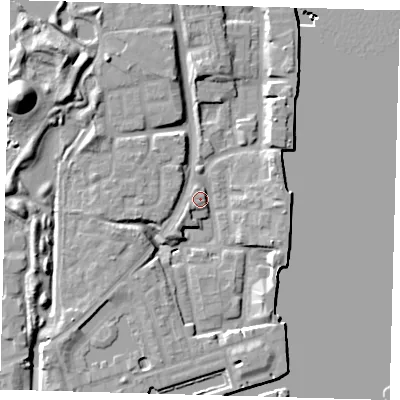 Shaded relief map of the ground around SE165AA, computed from Environment Agency LiDAR. The ground here sits at about 4 m above sea level and falls 19 m across the surrounding 800 m. Surface water reaching this point runs off ground lying to the south-west, 7.0 m higher.