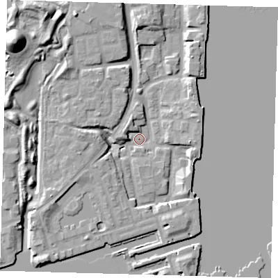 Shaded relief map of the ground around SE165AB, computed from Environment Agency LiDAR. The ground here sits at about 2 m above sea level and falls 19 m across the surrounding 800 m. Surface water reaching this point runs off ground lying to the south-west, 7.0 m higher.