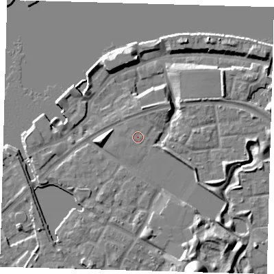 Shaded relief map of the ground around SE165AD, computed from Environment Agency LiDAR. The ground here sits at about 6 m above sea level and falls 17 m across the surrounding 800 m. Surface water reaching this point runs off ground lying to the west-south-west, 0.5 m higher.