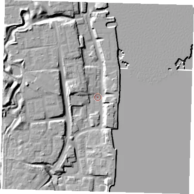 Shaded relief map of the ground around SE165DJ, computed from Environment Agency LiDAR. The ground here sits at about 2 m above sea level and falls 12 m across the surrounding 800 m. Surface water reaching this point runs off ground lying to the west-south-west, 7.2 m higher.