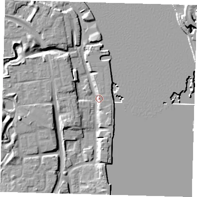 Shaded relief map of the ground around SE165DW, computed from Environment Agency LiDAR. The ground here sits at about 5 m above sea level and falls 12 m across the surrounding 800 m. Surface water reaching this point runs off ground lying to the south-west, 7.2 m higher.