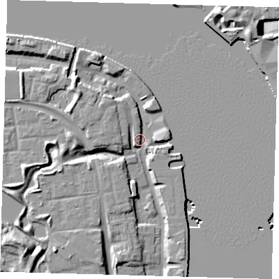 Shaded relief map of the ground around SE165DX, computed from Environment Agency LiDAR. The ground here sits at about 4 m above sea level and falls 15 m across the surrounding 800 m. Surface water reaching this point runs off ground lying to the south-west, 12.3 m higher.