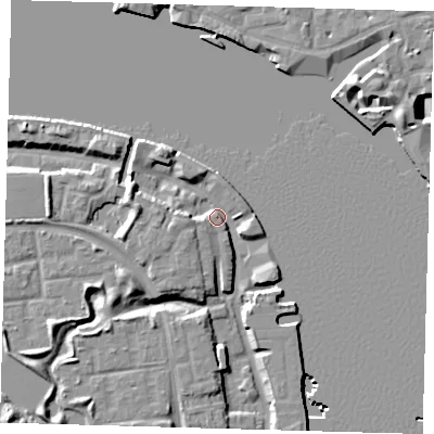 Shaded relief map of the ground around SE165DY, computed from Environment Agency LiDAR. The ground here sits at about 4 m above sea level and falls 12 m across the surrounding 800 m. Surface water reaching this point runs off ground lying to the west, 6.5 m higher.