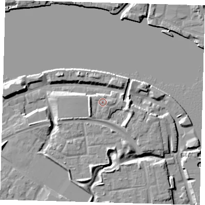 Shaded relief map of the ground around SE165DZ, computed from Environment Agency LiDAR. The ground here sits at about 6 m above sea level and falls 9 m across the surrounding 800 m. Surface water reaching this point runs off ground lying to the south-west, 2.7 m higher.