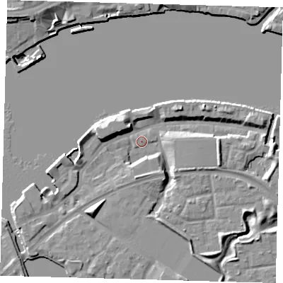 Shaded relief map of the ground around SE165EA, computed from Environment Agency LiDAR. The ground here sits at about 3 m above sea level and falls 11 m across the surrounding 800 m. Surface water reaching this point runs off ground lying to the east, 6.2 m higher.