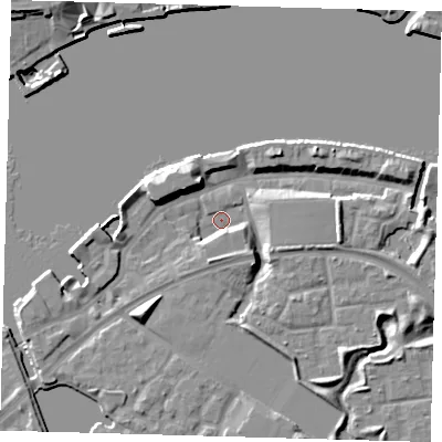 Shaded relief map of the ground around SE165ED, computed from Environment Agency LiDAR. The ground here sits at about 3 m above sea level and falls 11 m across the surrounding 800 m. Surface water reaching this point runs off ground lying to the east, 6.2 m higher.
