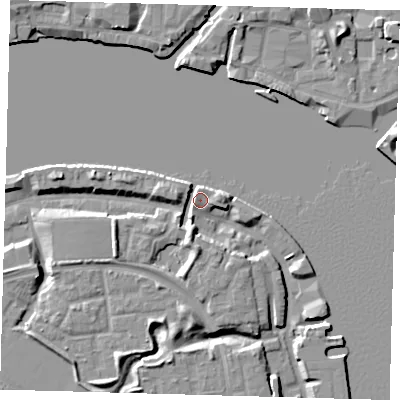 Shaded relief map of the ground around SE165EE, computed from Environment Agency LiDAR. The ground here sits at about 5 m above sea level and falls 9 m across the surrounding 800 m. Surface water reaching this point runs off ground lying to the south-south-west, 4.5 m higher.