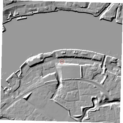 Shaded relief map of the ground around SE165EF, computed from Environment Agency LiDAR. The ground here sits at about 2 m above sea level and falls 11 m across the surrounding 800 m. Surface water reaching this point runs off ground lying to the east-south-east, 6.2 m higher.