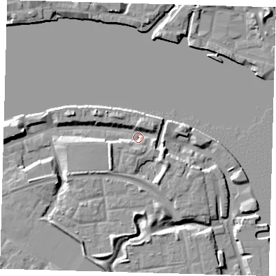 Shaded relief map of the ground around SE165EG, computed from Environment Agency LiDAR. The ground here sits at about 3 m above sea level and falls 9 m across the surrounding 800 m. Surface water reaching this point runs off ground lying to the south-east, 5.5 m higher.
