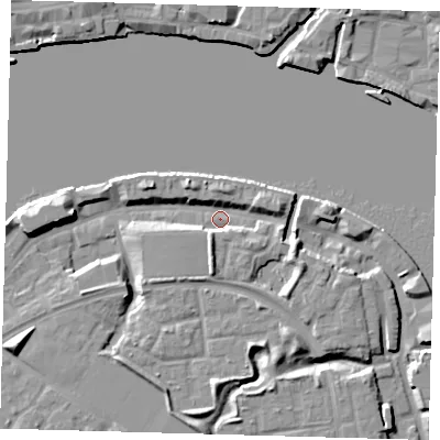 Shaded relief map of the ground around SE165EH, computed from Environment Agency LiDAR. The ground here sits at about 3 m above sea level and falls 9 m across the surrounding 800 m. Surface water reaching this point runs off ground lying to the east-south-east, 5.9 m higher.