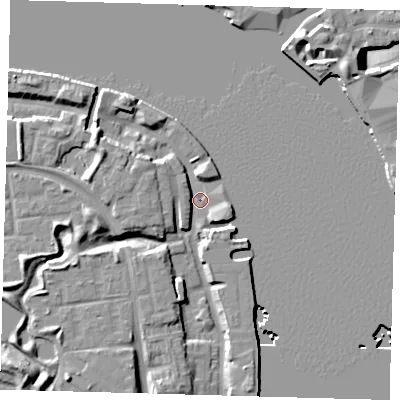 Shaded relief map of the ground around SE165EJ, computed from Environment Agency LiDAR. The ground here sits at about 2 m above sea level and falls 14 m across the surrounding 800 m. Surface water reaching this point runs off ground lying to the west-north-west, 6.5 m higher.