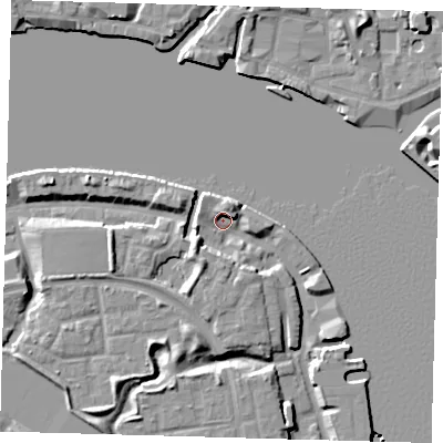 Shaded relief map of the ground around SE165EL, computed from Environment Agency LiDAR. The ground here sits at about 3 m above sea level and falls 9 m across the surrounding 800 m. Surface water reaching this point runs off ground lying to the south-south-west, 6.5 m higher.
