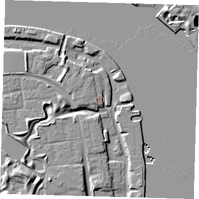 Shaded relief map of the ground around SE165EN, computed from Environment Agency LiDAR. The ground here sits at about 5 m above sea level and falls 16 m across the surrounding 800 m. Surface water reaching this point runs off ground lying to the north-west, 3.9 m higher.