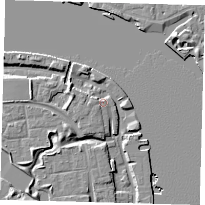 Shaded relief map of the ground around SE165EP, computed from Environment Agency LiDAR. The ground here sits at about 6 m above sea level and falls 10 m across the surrounding 800 m. Surface water reaching this point runs off ground lying to the west, 1.4 m higher.
