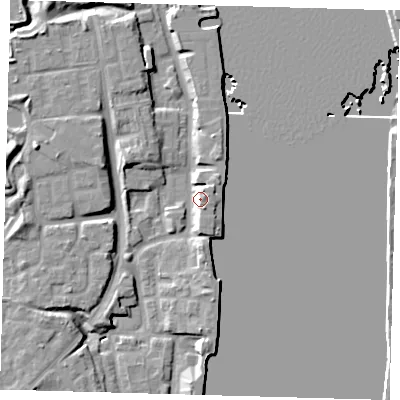 Shaded relief map of the ground around SE165EQ, computed from Environment Agency LiDAR. The ground here sits at about 6 m above sea level and falls 10 m across the surrounding 800 m. Surface water reaching this point runs off ground lying to the west, 7.1 m higher.