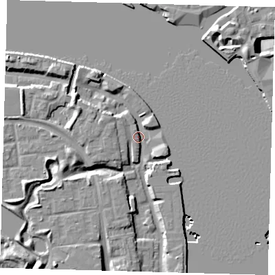 Shaded relief map of the ground around SE165ER, computed from Environment Agency LiDAR. The ground here sits at about 5 m above sea level and falls 14 m across the surrounding 800 m. Surface water reaching this point runs off ground lying to the west-north-west, 6.5 m higher.