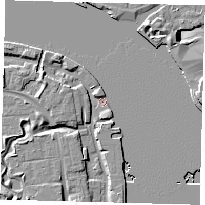 Shaded relief map of the ground around SE165ES, computed from Environment Agency LiDAR. The ground here sits at about 3 m above sea level and falls 14 m across the surrounding 800 m. Surface water reaching this point runs off ground lying to the west-north-west, 6.5 m higher.