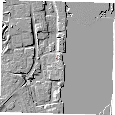 Shaded relief map of the ground around SE165ET, computed from Environment Agency LiDAR. The ground here sits at about 4 m above sea level and falls 9 m across the surrounding 800 m. Surface water reaching this point runs off ground lying to the south-east, 2.7 m higher.